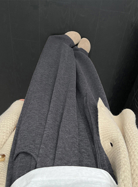 深灰色糯米休闲裤女秋冬加绒胖妹妹mm梨型身材高腰宽松显瘦阔腿裤