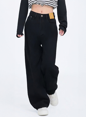 梨型身材黑色直筒牛仔裤女秋冬新款大码胖mm高腰宽松显瘦阔腿长裤