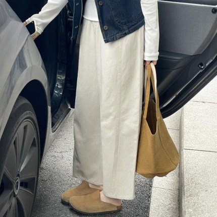 日系米杏色阔腿奶奶裤子女秋冬新款胖妹妹mm宽松直筒九分休闲裤子