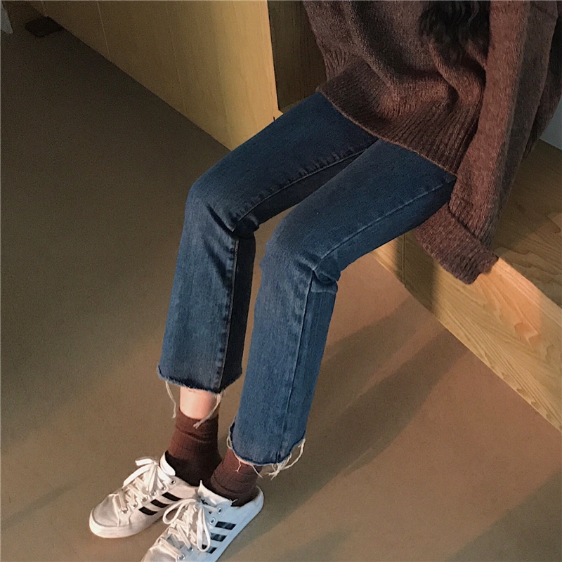 巨显腿长！深蓝色九分牛仔裤女