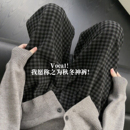 黑灰色毛呢格子休闲裤 子 女秋冬加绒胖妹妹mm高腰宽松显瘦阔腿长裤