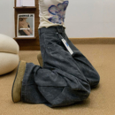 女秋冬加绒胖妹妹mm高腰宽松显瘦阔腿弯刀裤 黑灰色印花工装 牛仔裤