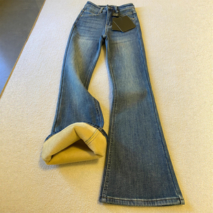加绒加厚胖妹妹mm高腰遮胯显瘦喇叭裤 蓝色不贴腿微喇牛仔裤 女冬季