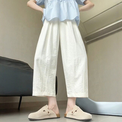 白色休闲裤女夏季薄款胖妹妹mm高腰宽松显瘦阔腿九分气球云朵裤子