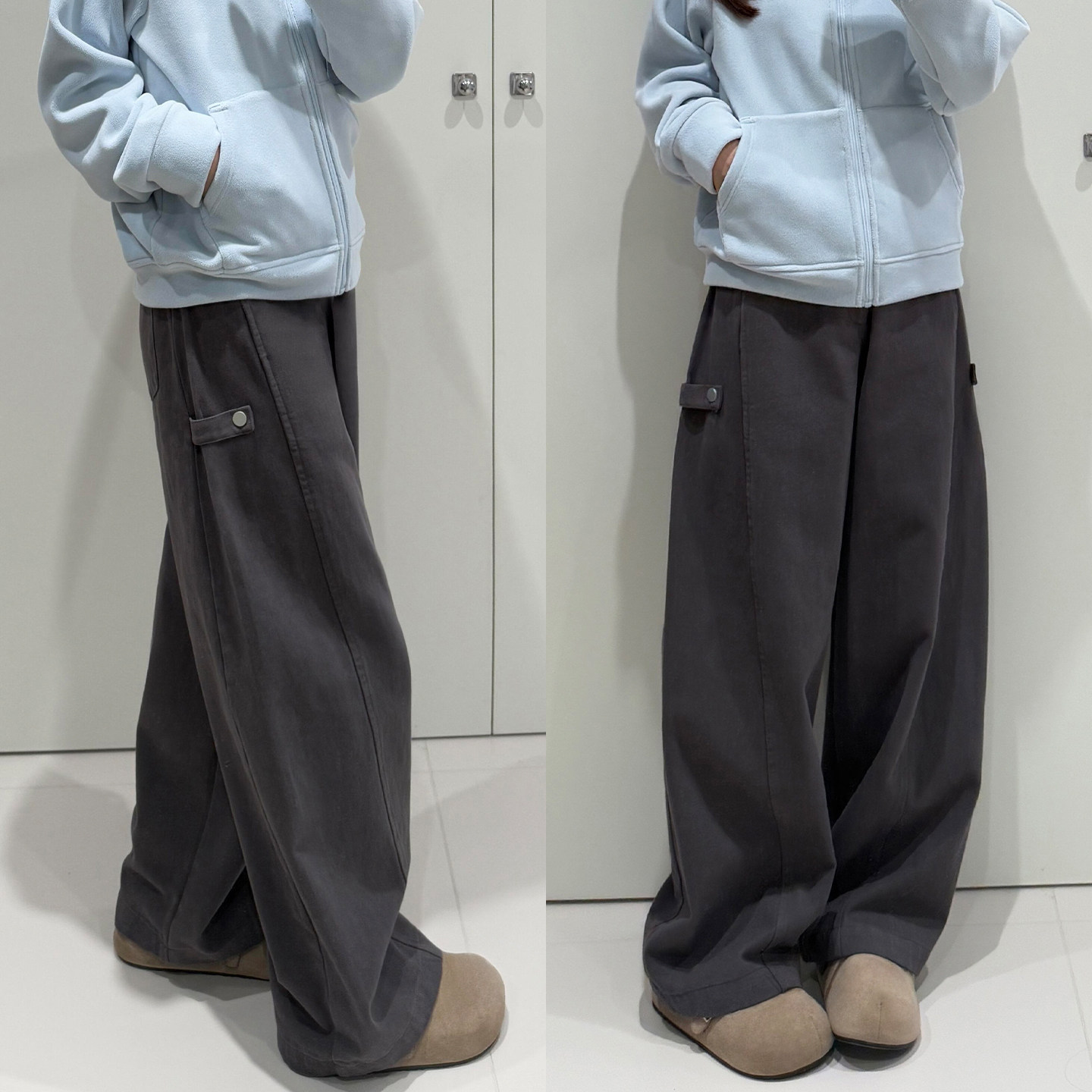 深灰色弯刀工装裤女冬季加绒胖妹妹mm高腰宽松显瘦阔腿休闲裤子潮