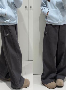 深灰色弯刀工装裤女冬季加绒胖妹妹mm高腰宽松显瘦阔腿休闲裤子潮