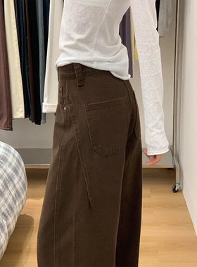 咖色阔腿牛仔裤女秋冬加绒胖妹妹梨型身材mm高腰宽松显瘦弯刀裤子