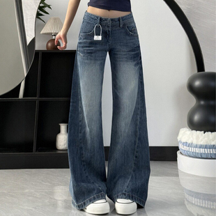 胖妹妹mm高腰遮胯显瘦直筒阔腿裤 女秋冬新款 不贴腿微喇牛仔裤 美式