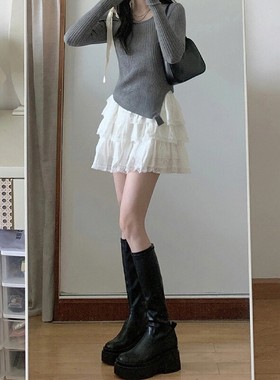 白色蕾丝蓬蓬蛋糕短裙女夏季新款胖妹妹mm高腰遮胯显瘦a字半身裙