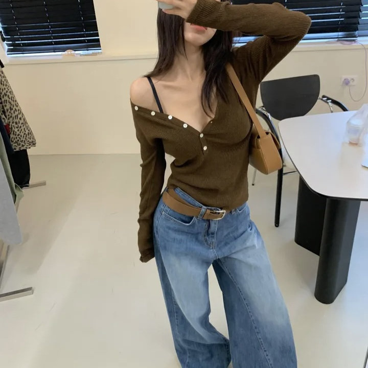 半系扣修身显瘦长袖螺纹弹力T恤