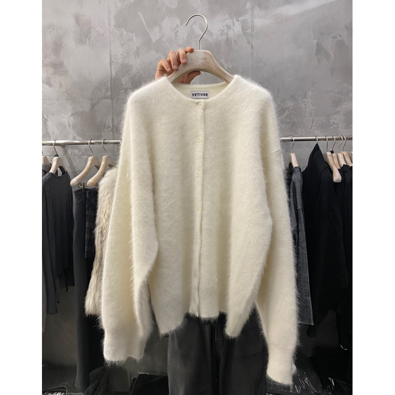 韩国纯色单排扣圆领长袖针织开衫