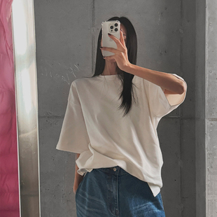 新款 LAG2025冬季 时尚 通勤纯色直筒短袖 T恤 韩国正品 圆领中长款 女装