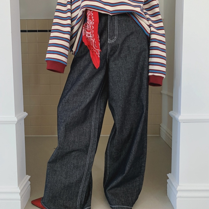 高腰明线阔腿潮流休闲牛仔裤