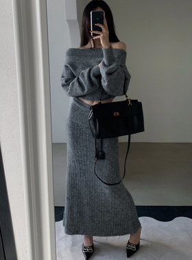 韩国代购女装2025冬款VERANDA露肩一字领短针织衫+修身半身裙套装