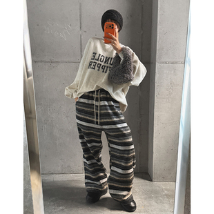 女装 通勤条纹针织松紧腰抽绳休闲长裤 LAG2025冬季 时尚 款 韩国正品
