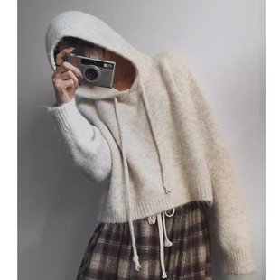 新款 LAG2025冬季 时尚 通勤纯色直筒连帽长袖 韩国正品 短针织衫 女装