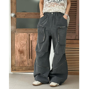 韩国代购女装2026早春ZEROZERO松紧腰拉链帅气工装风口袋休闲裤
