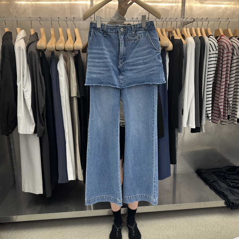 拼接裙式磨白水洗直筒牛仔裤潮裤