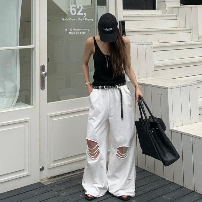 韩国纯色阔腿破洞松紧腰通勤长裤