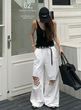 现~韩国正品女装VIRKIN夏季时尚纯色阔腿破洞松紧腰通勤休闲长裤