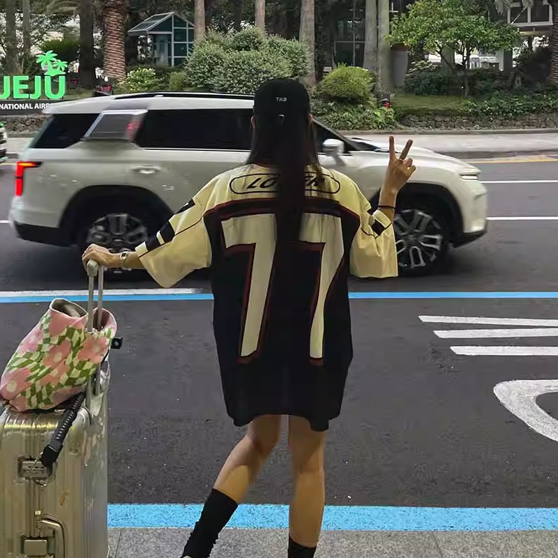 韩国代购女装2025夏款超酷帅气时尚字母拼色棒球风宽大短袖潮T恤