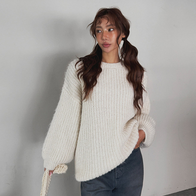 韩国纯色宽松圆领长袖休闲针织衫