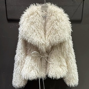 韩国代购女装2025冬款GATELESS羊卷毛轻奢洋气系带环保皮草外套