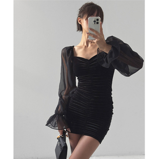 新款 LAG2025冬季 时尚 纯色修身 连衣短裙 韩国正品 百褶微透长袖 女装
