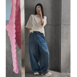 女装 通勤水洗磨白高腰阔腿牛仔长裤 LAG2025冬季 时尚 新款 韩国正品