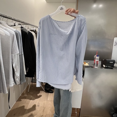 气质一字领宽松条纹长袖衬衫