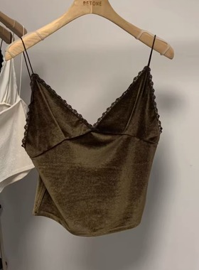 韩国代购女装2025冬款BETONE蕾丝花边细吊带丝绒气质打底背心