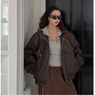 y-gee韩国代购女装2026早春帅气超酷空军风夹棉宽松立领皮衣夹克