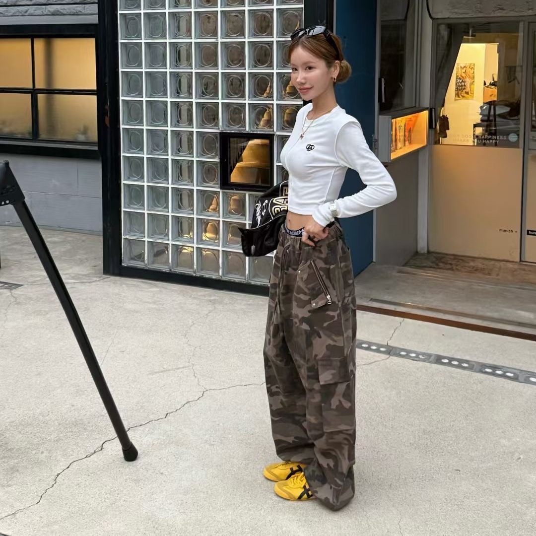 韩国代购女装2025秋款帅气工装风侧口袋拉链潮款宽松抽绳休闲裤