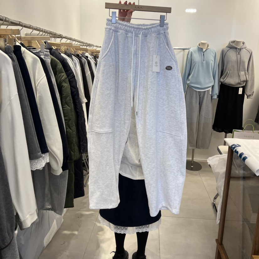 加绒拼接松紧腰个性弯刀休闲裤