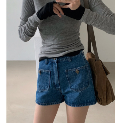 高腰口袋修身包臀牛仔短裤热裤