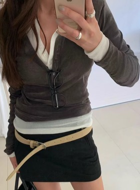 现~韩国代购女装2025BETONE微透薄款修身植绒系扣显瘦长袖打底T恤