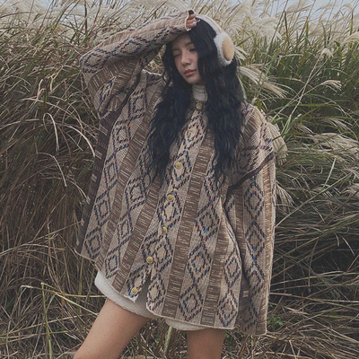 韩国拼色单排扣圆领长袖针织开衫