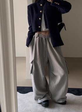 韩国代购女装2025冬款VERANDA加绒时髦潮人工装风口袋阔腿休闲裤