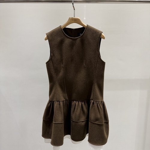 毛呢气质收腰蓬蓬拼接无袖连衣裙