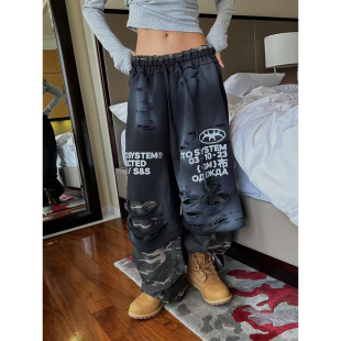 韩国代购女装2025秋款潮款个性破洞迷彩街头超酷宽松阔腿休闲裤