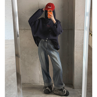 女装 通勤水洗磨白直筒高腰牛仔长裤 LAG2025冬季 时尚 新款 韩国正品