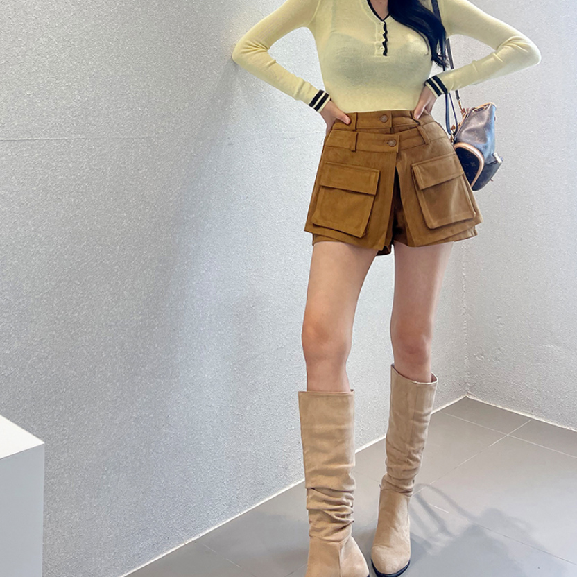 韩国代购女装G2025秋款双层拼接高腰开衩工装风口袋裙式休闲短裤