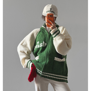 女装 宽松拼接拼色拉链长袖 LAG2025冬季 时尚 针织外套 新款 韩国正品