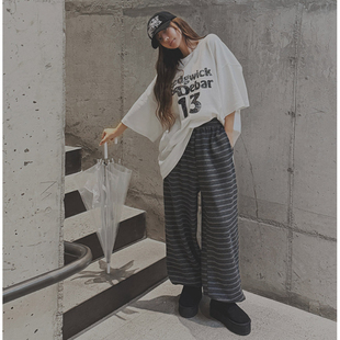 女装 通勤条纹拼色松紧腰宽松休闲长裤 LAG2025冬季 时尚 款 韩国正品