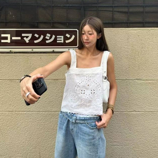 女装 新款 韩国正品 2025夏季 时尚 纯色甜美镂空方领百搭休闲短吊带衫