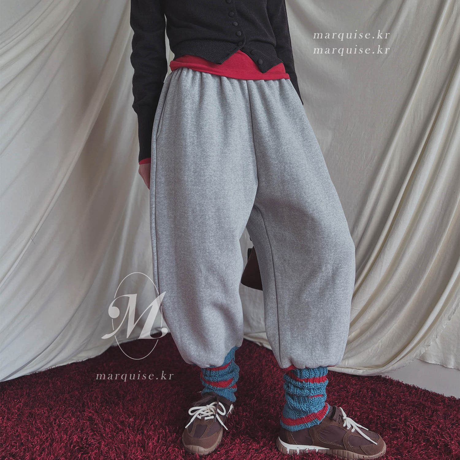 加绒运动感潮款拼接针织腿休闲裤