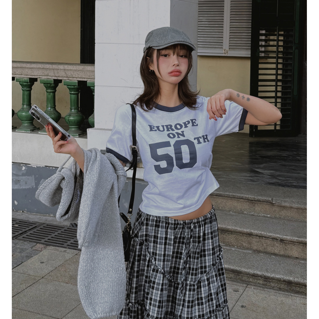 韩国代购女装2025春款拼色棒球风阔爱数字印花运动拼色短袖潮T恤