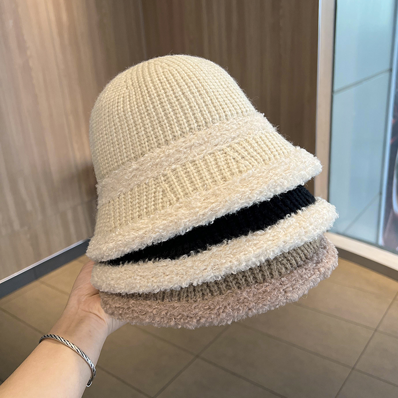羊羔绒拼接毛线渔夫帽女秋冬季