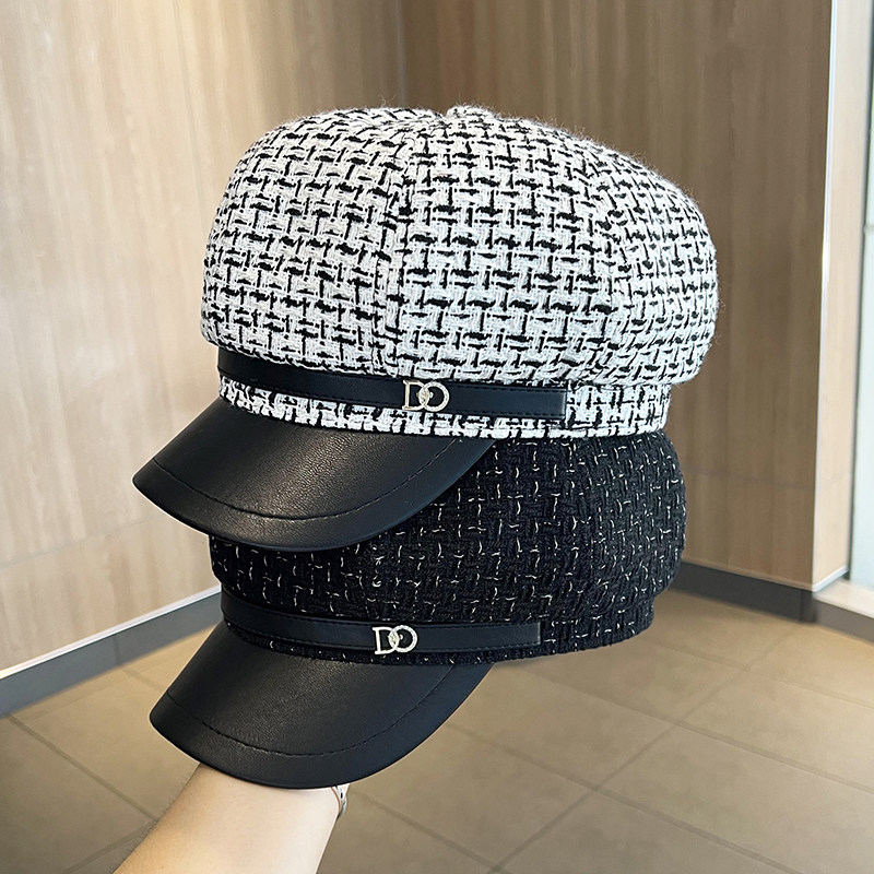 复古八角帽女秋冬韩版时尚显脸小鸭舌贝雷帽子新款百搭格子报童帽