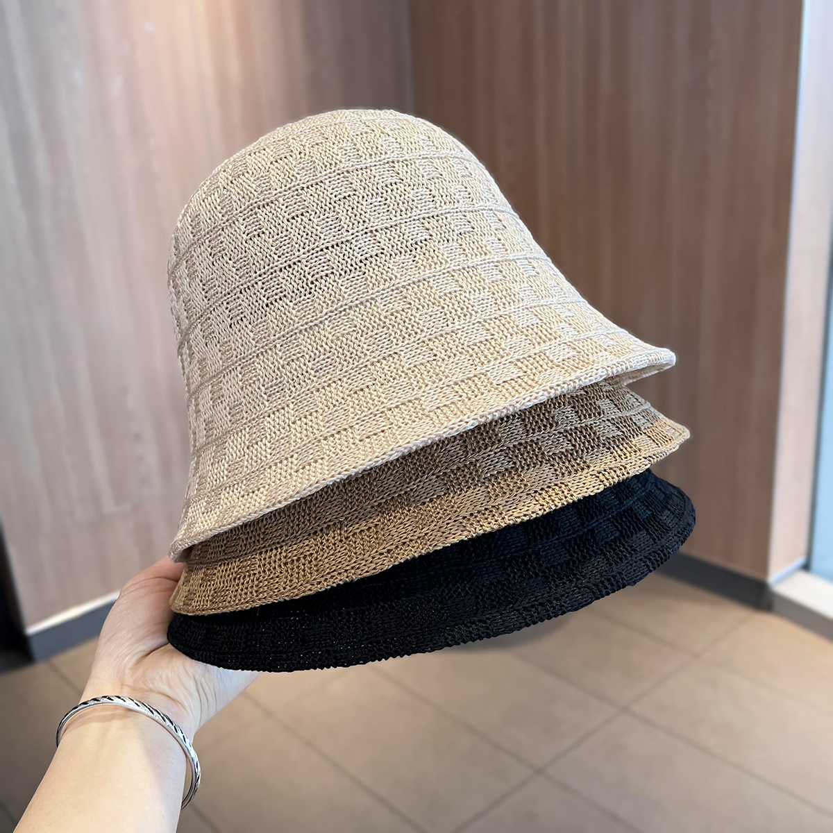 日系毛线水桶帽女夏季薄款透气遮阳渔夫帽子光板百搭防晒编织盆帽